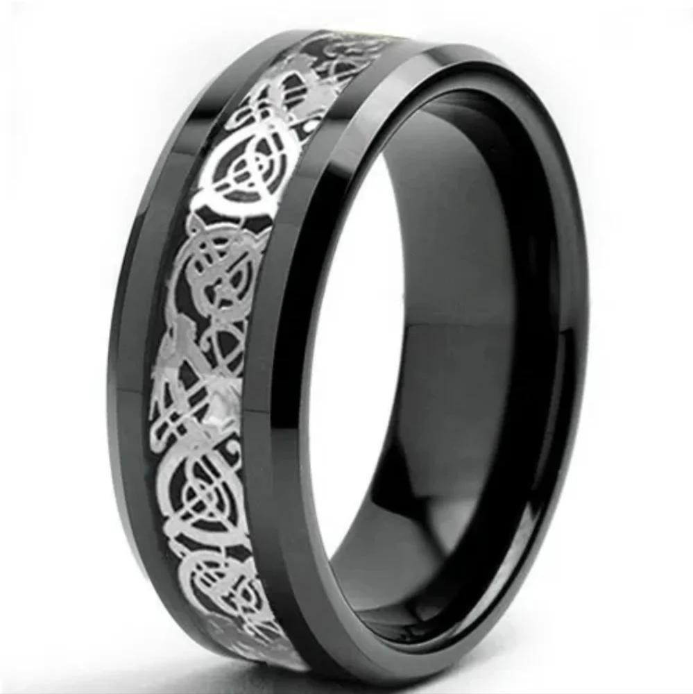 Silver Tungsten Black Dragon Carbon Fiber Inlay 8mm Wide Beveled Edge Band Ring
